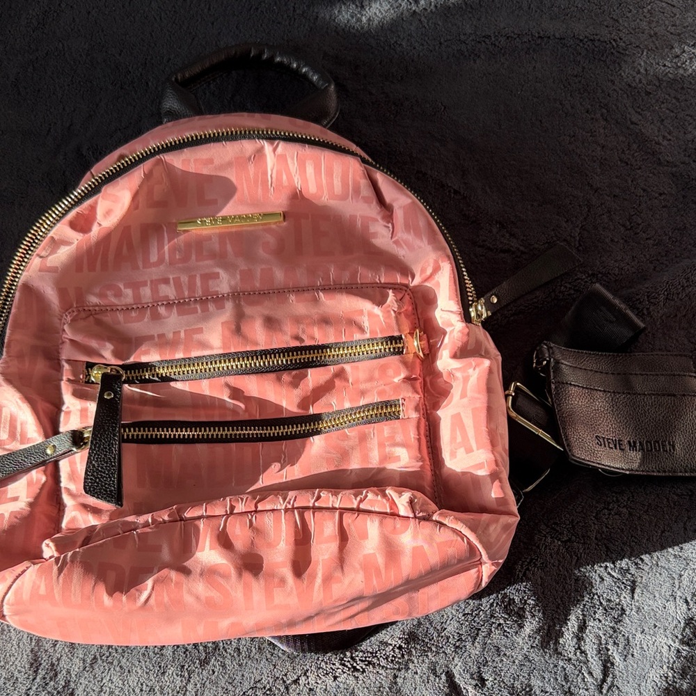 Steve Madden Pink Logo Nylon Backpack with Black Pouch